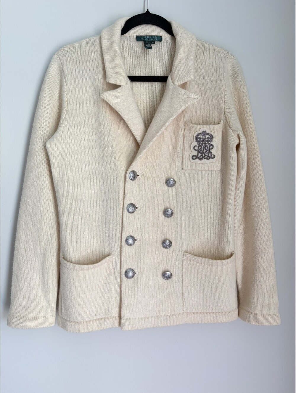 Vintage Ralph Lauren Cream/Silver Buttons Wool Cashmere Blend Sweater Size M